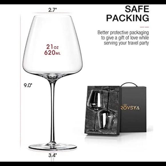 Red Wine Glasses Set of 2 - 21oz-Large Hand Blown Crystal Burgundy Glasses - Picture 2 of 5